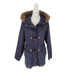 Calvin Klein Womens Blue Faux Fur Trim Hooded Toggle Outdoor Parka Jacket Size S